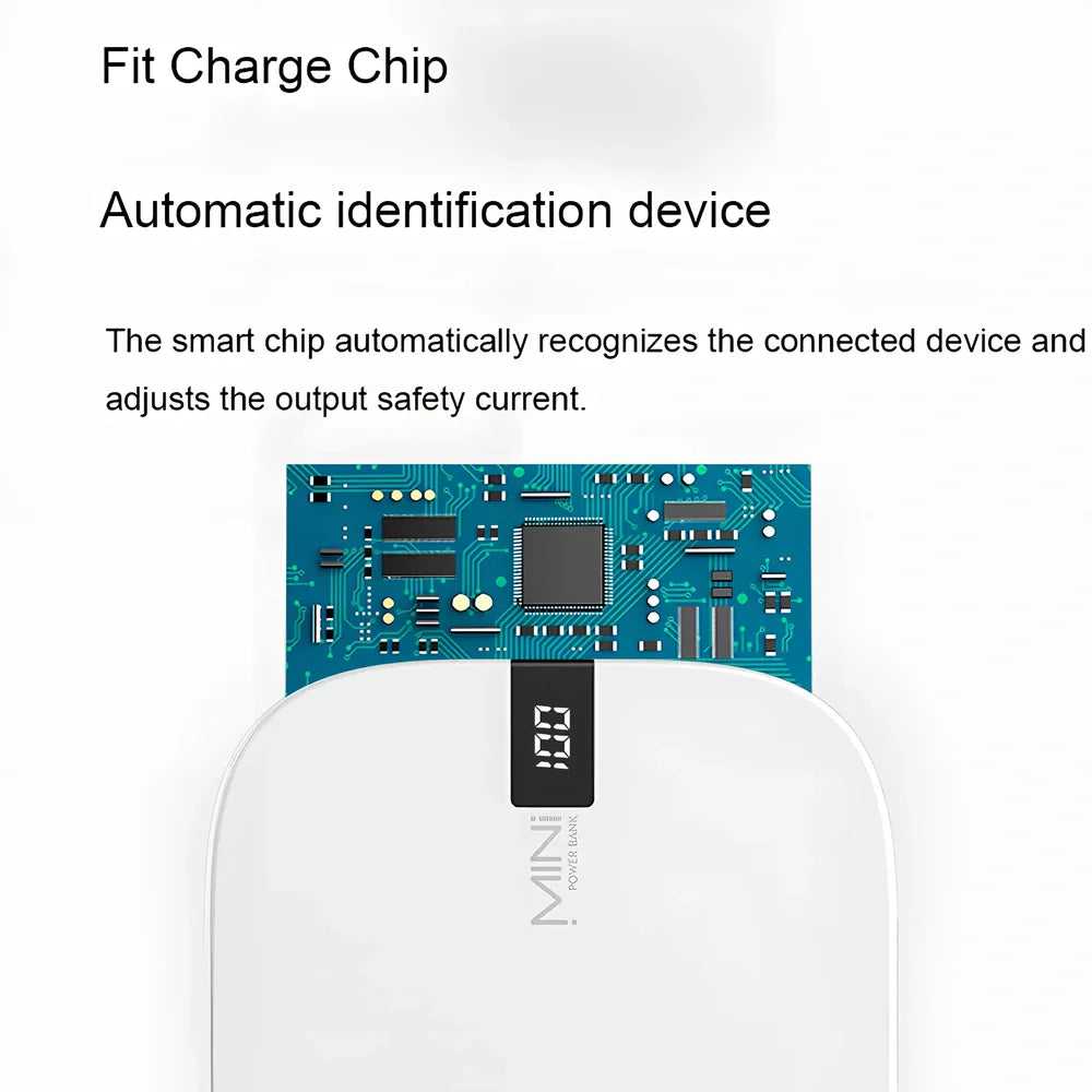 Red 10000 mAh mini power bank with digital display showing battery percentage, measuring 90x64x24mm