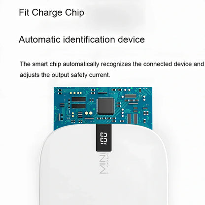 Red 10000 mAh mini power bank with digital display showing battery percentage, measuring 90x64x24mm