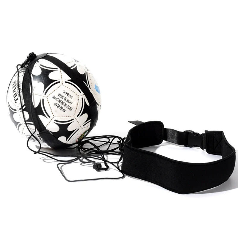Adjustable soccer trainer with black nylon strap for shooting and ball control practice