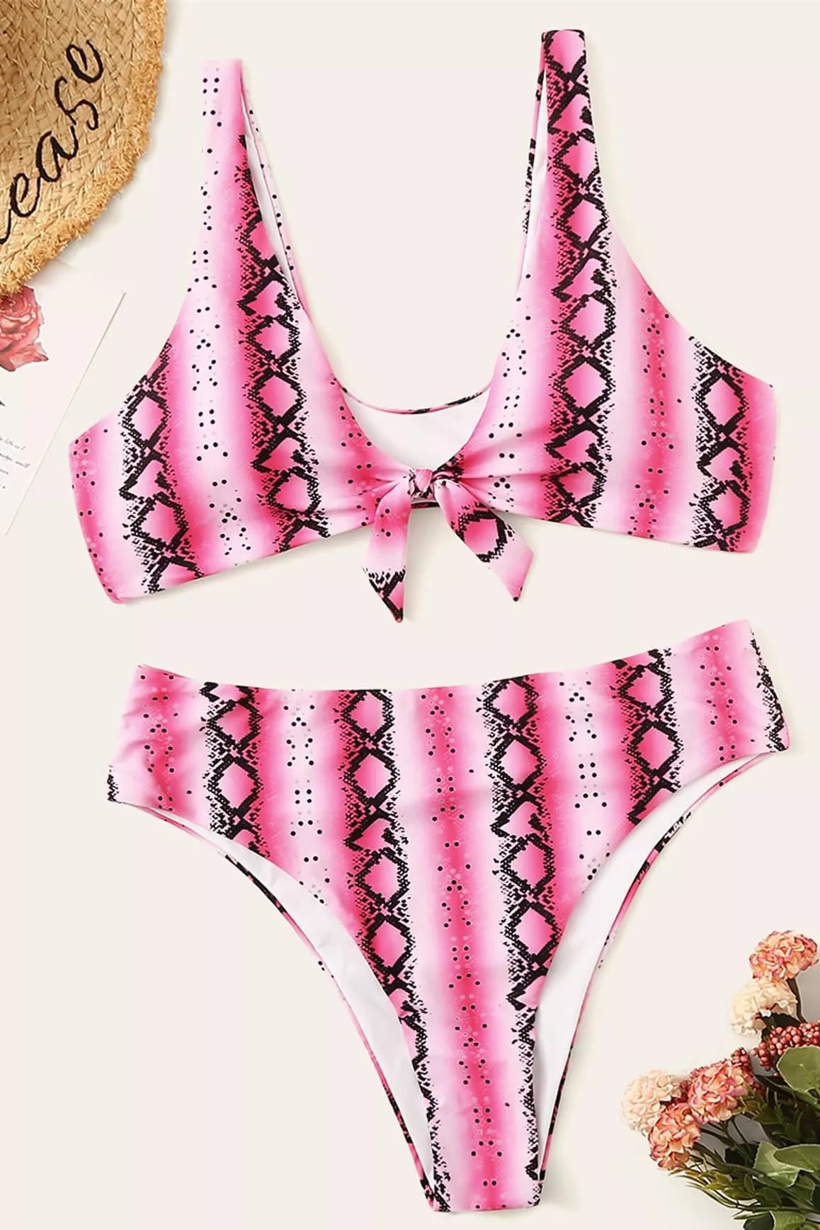 Plus size knotted high waist swimwear in striped backless design