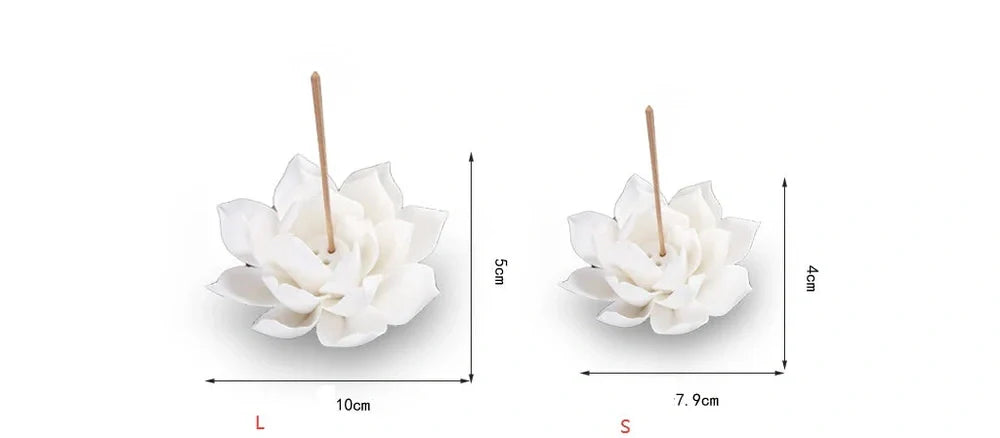 White porcelain lotus incense burner showing S and L size options with ceramic construction