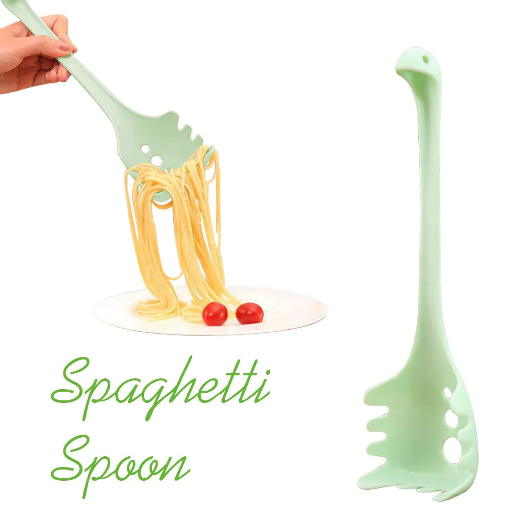 Plastic kitchen shovel and spaghetti spoon set with measurements shown