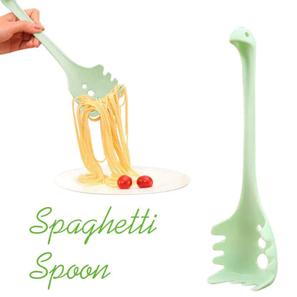 Plastic kitchen shovel and spaghetti spoon set with measurements shown