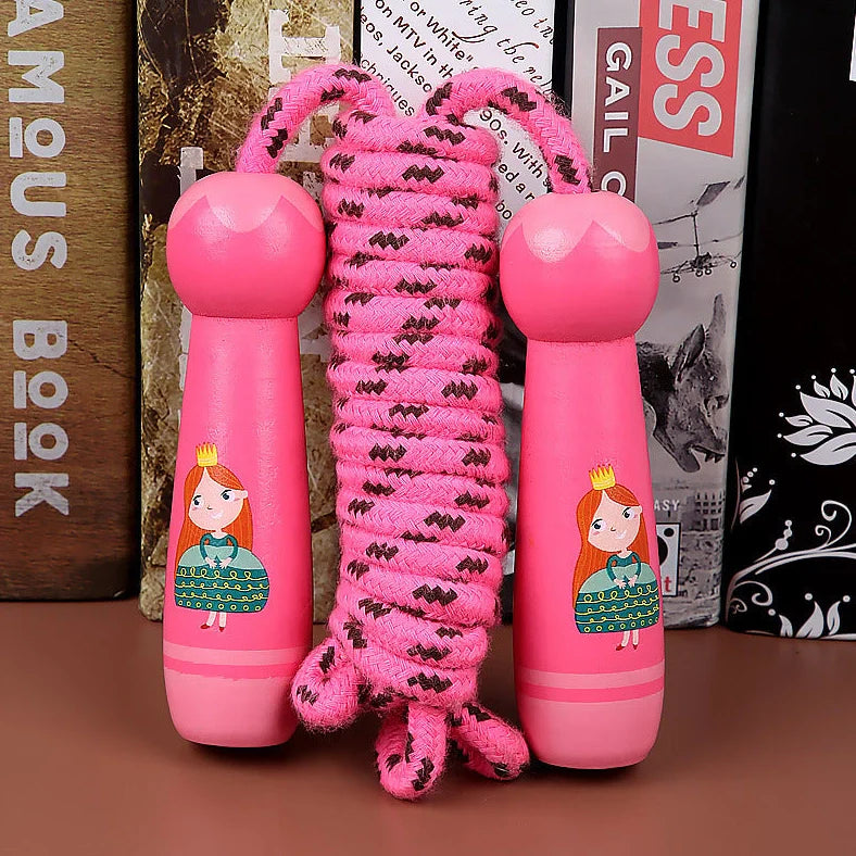 Wooden children's skipping toy with adjustable rope showing six character style options