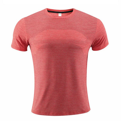Short-sleeve red sports T-shirt made from breathable polyester-spandex fabric for running and workouts.