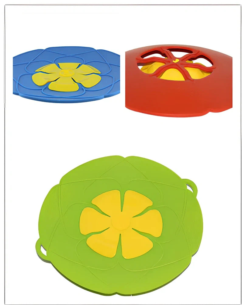 Green silicone spill stopper pan lid on cooking pot showing flexible edges and steam vent