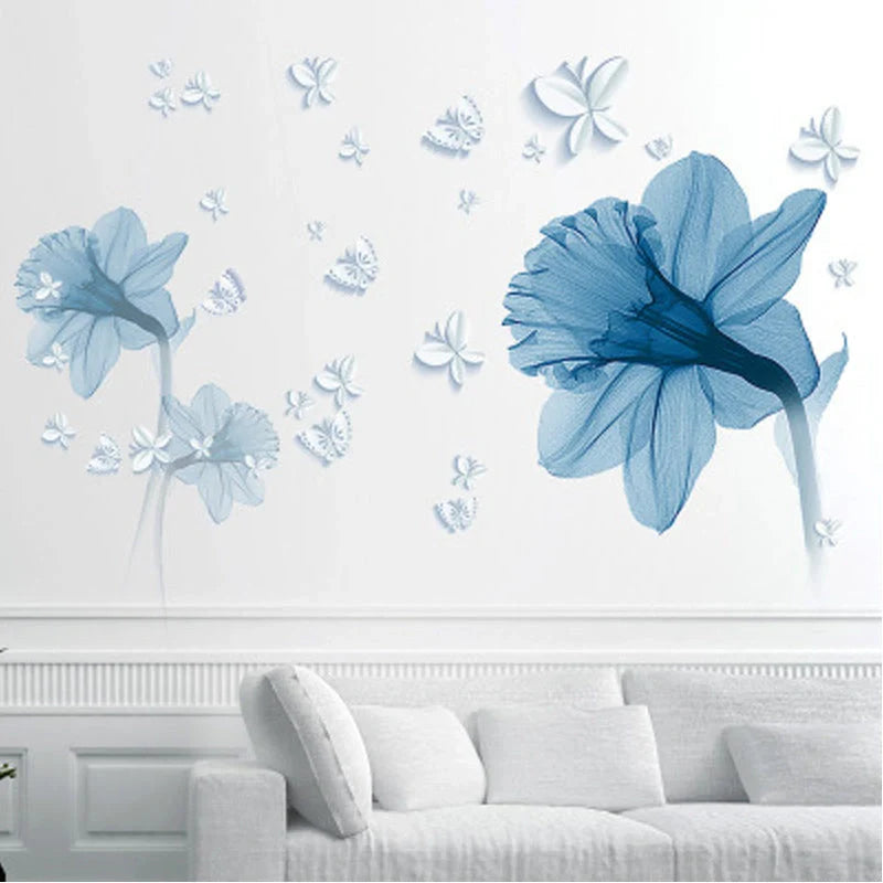 Decorative Nordic blue flower-patterned wall stickers for home decor
