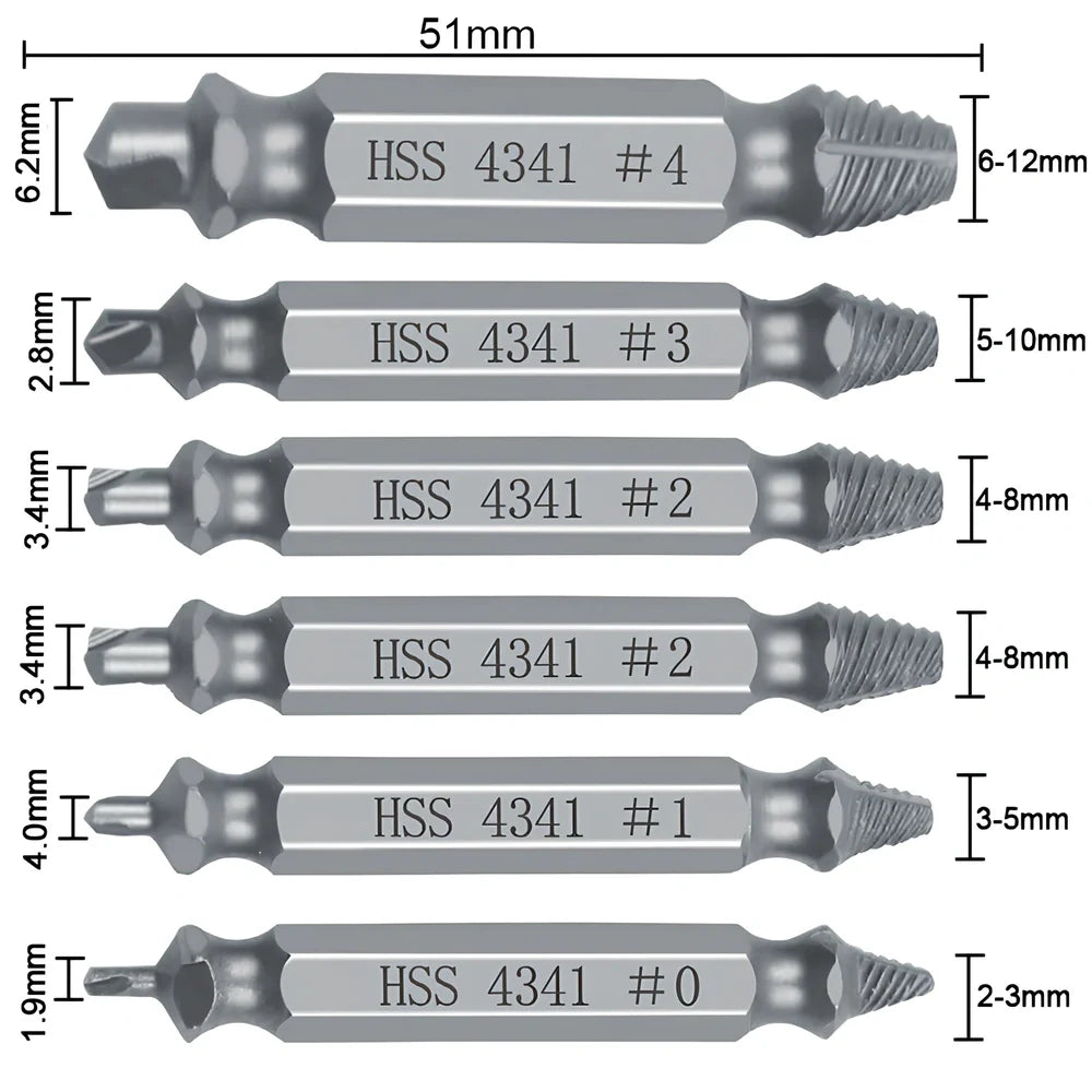 6-piece slip-tooth head screw remover set crafted from 4341 high-speed steel for removing stubborn screws