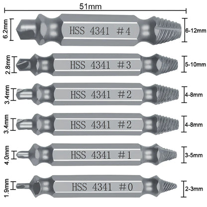 6-piece slip-tooth head screw remover set crafted from 4341 high-speed steel for removing stubborn screws