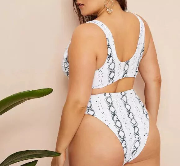 Plus size knotted high waist swimwear in striped backless design