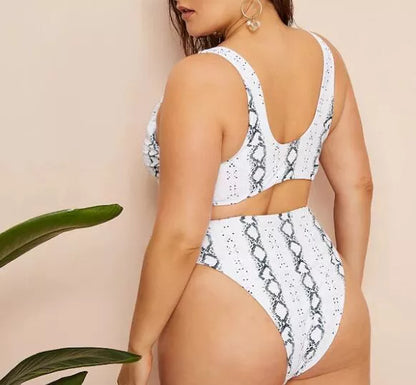 Plus size knotted high waist swimwear in striped backless design