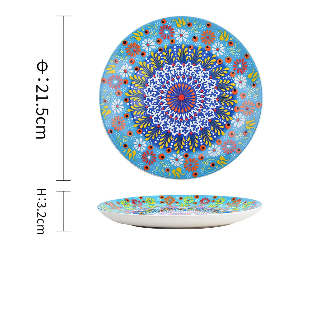 Underglaze ceramic bowl with Bohemian floral pattern in blue mandarin duck design, 8 inch diameter