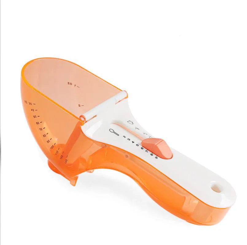 Orange and blue digital measuring spoon set showing measurement units and ergonomic handle.
