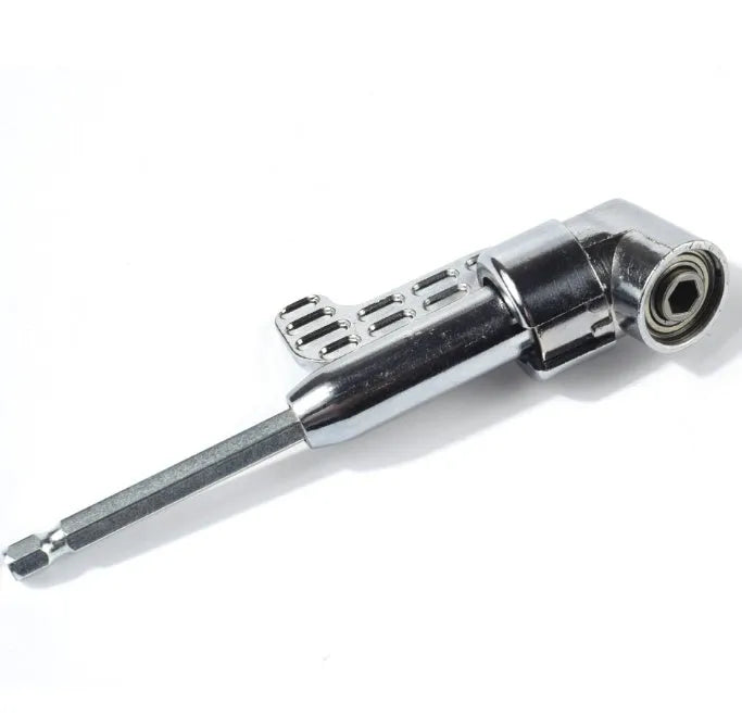 Flexible shaft attachment for drills with a 105-degree angled head and magnetic bit holder.