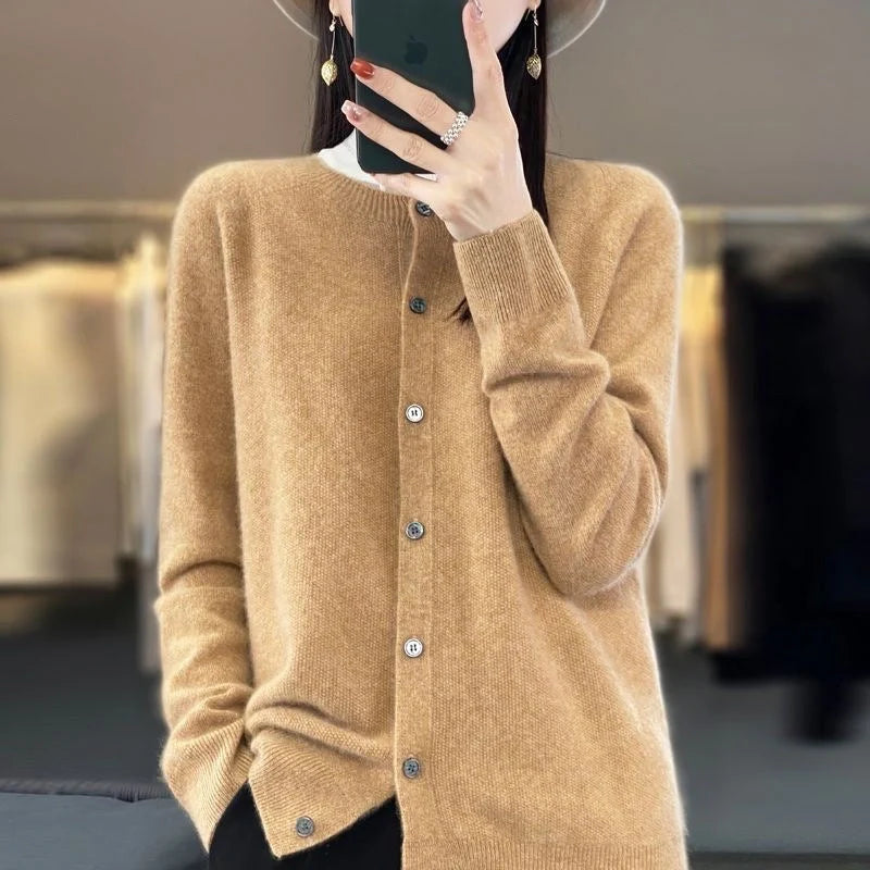 Stylish and comfortable Merino wool cardigan sweater for women in a variety of chic colors