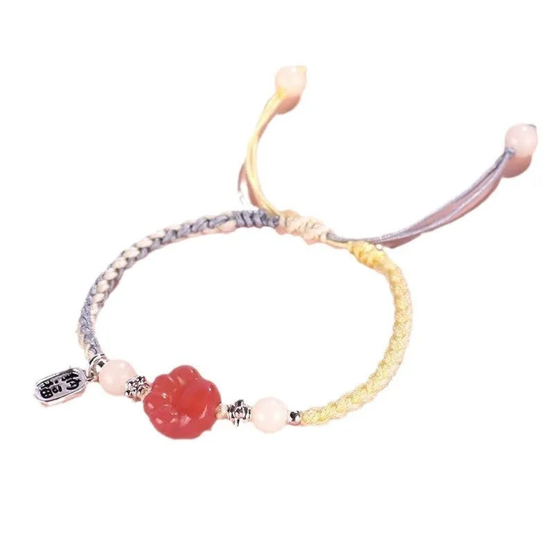Red cat's paw woven couple bracelet with glass beads in pastoral style