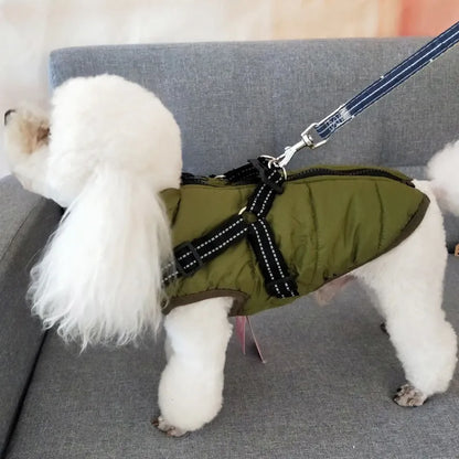 Waterproof dog coat with integrated harness in red colour, sized for medium dog breeds