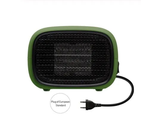 Mini home heater in green, white, or yellow with PTC ceramic heating and compact 158mm x 90mm x 114mm size