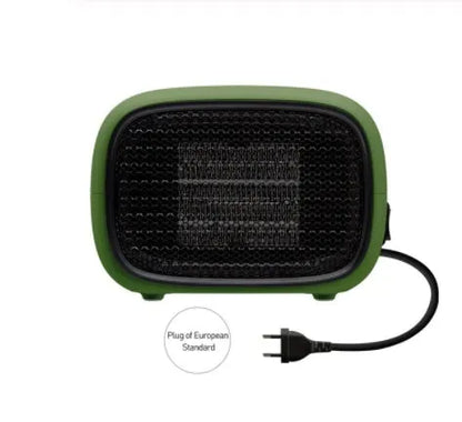 Mini home heater in green, white, or yellow with PTC ceramic heating and compact 158mm x 90mm x 114mm size