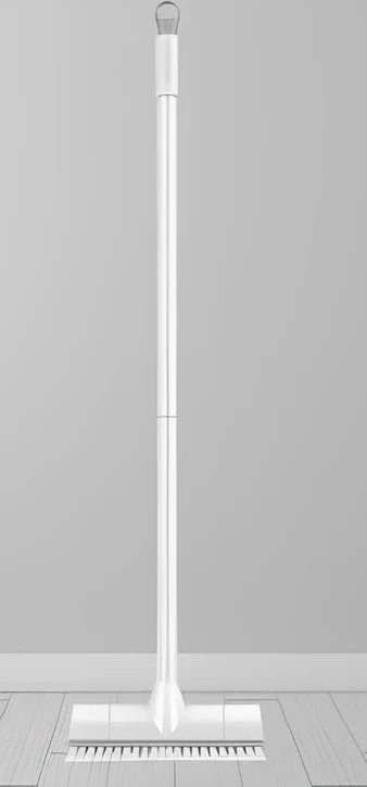 Foldable floor scrub brush with extended handle and integrated scraper for bathroom cleaning