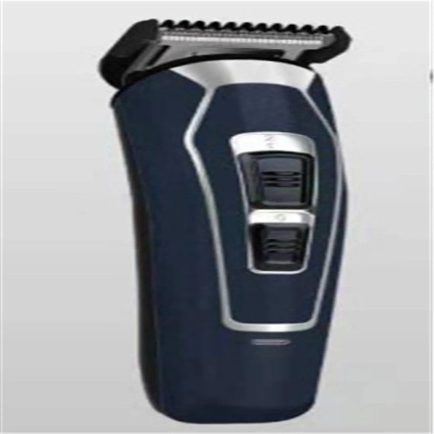 Dark blue rechargeable electric hair clipper with stainless steel adjustable blades on white background