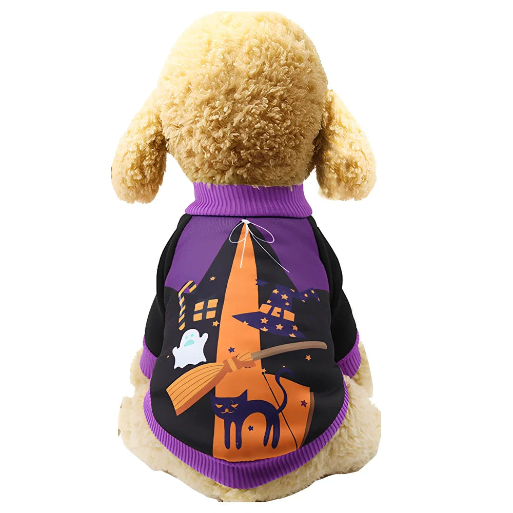 Purple and yellow Halloween pumpkin costume for cats and dogs with thermal lining and adjustable straps