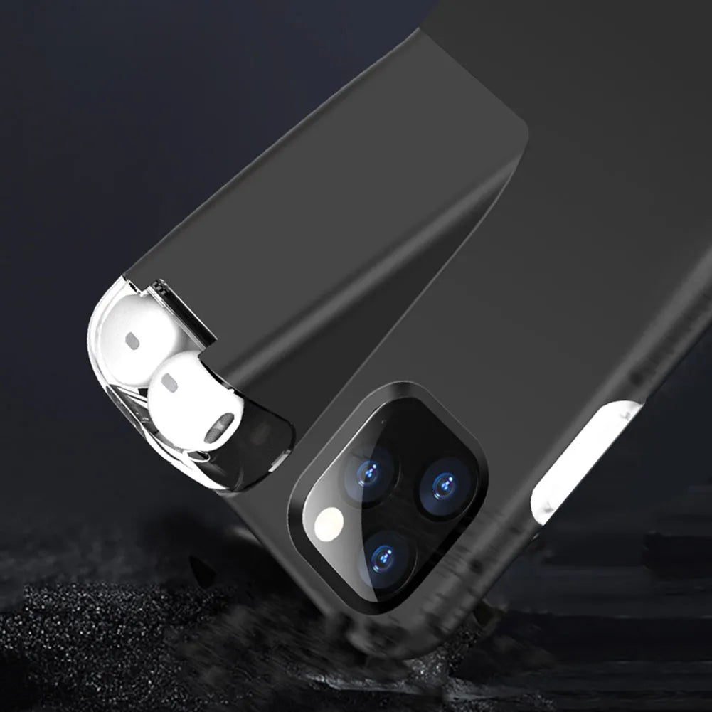 Black matte acrylic and silicone 2-in-1 case holding an iPhone and an AirPods charging case.