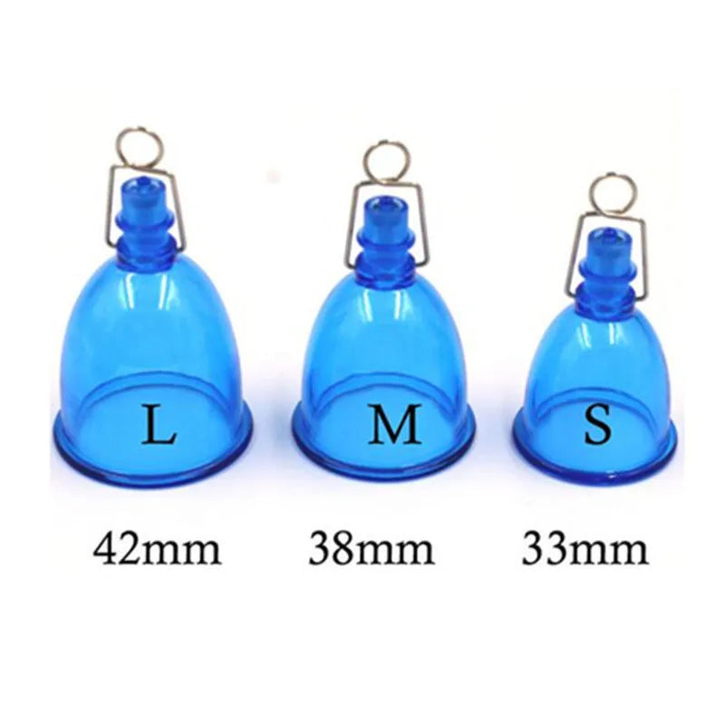Blue silicone male masturbator shown in small, medium, and large size options.