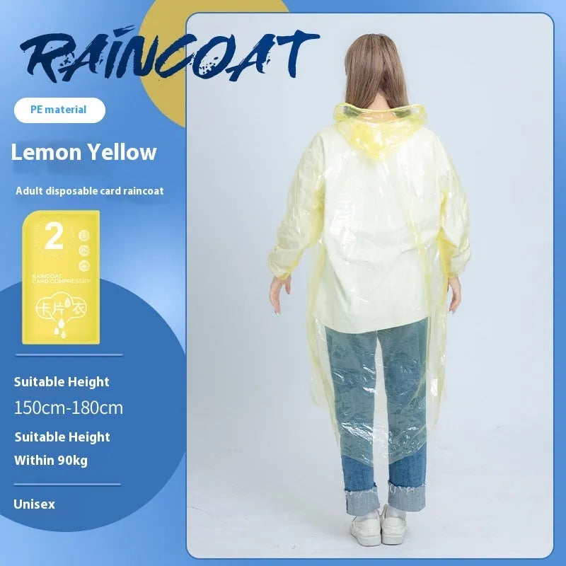 Disposable full body card raincoat in purple colour showing folded portable format