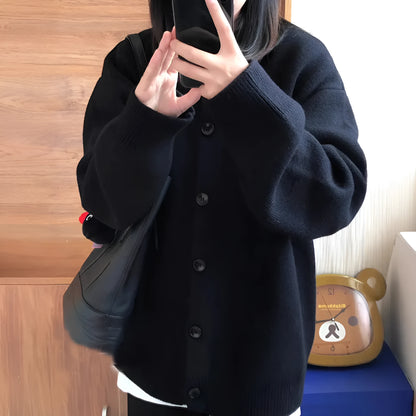 Black cotton cardigan sweater coat for women, long sleeves, medium thickness, Japanese Korean style, sizes S to XL