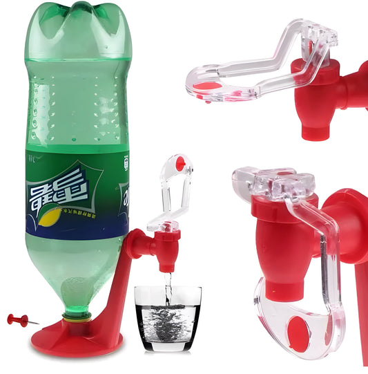 Red plastic soda dispenser attached to inverted 2-litre bottle with push-button mechanism