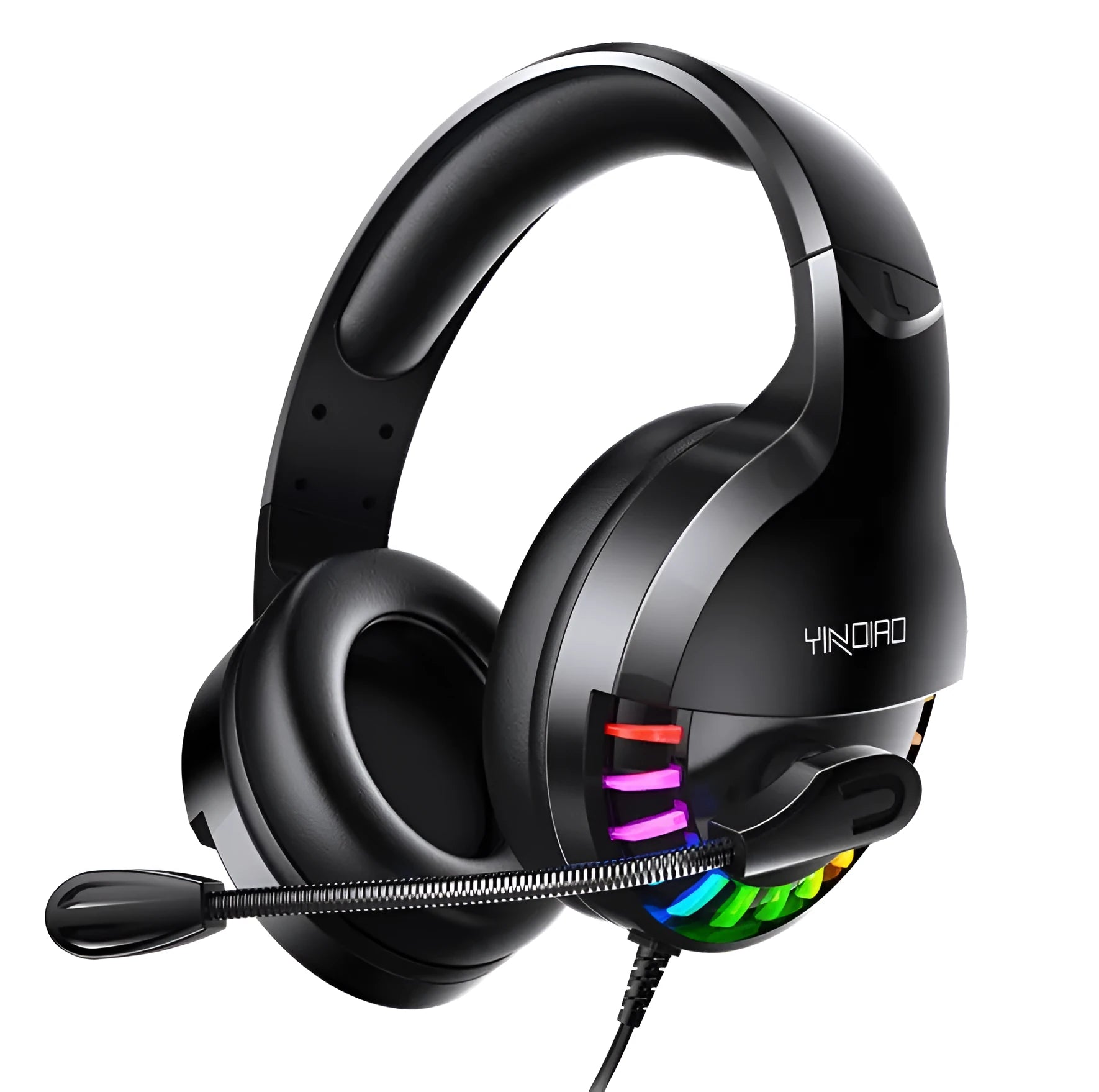 Black wired over-ear gaming headset with microphone and inline volume control on the cable.