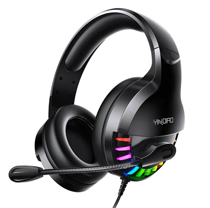 Black wired over-ear gaming headset with microphone and inline volume control on the cable.