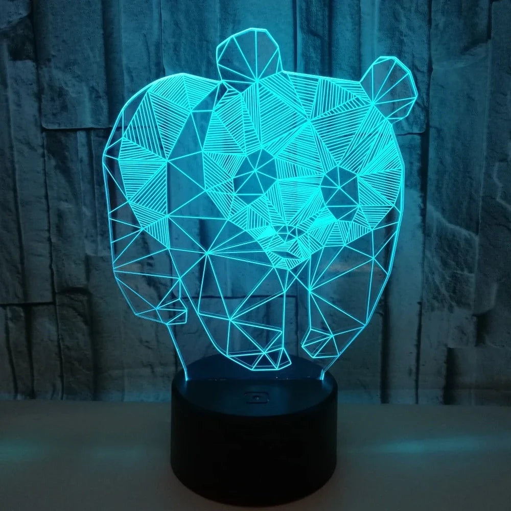 Black LED stereo night light with acrylic board, 87x87x42mm base, showing seven colour modes and remote control