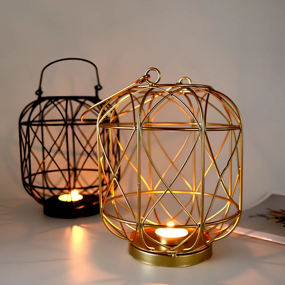 Geometric European style iron candlestick holder in gold or black, 20-21cm tall with baked paint finish