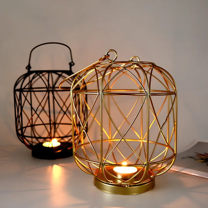 Geometric European style iron candlestick holder in gold or black, 20-21cm tall with baked paint finish