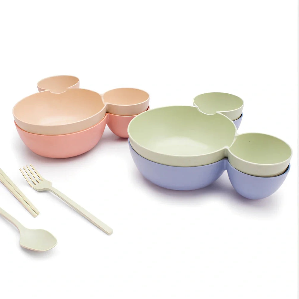 Mickey cartoon wheat straw children's bowl set with pink 21.5 cm bowl, spoon, fork, chopsticks - BPA-free biodegradable kids meal kit