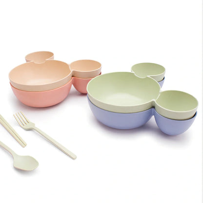 Mickey cartoon wheat straw children's bowl set with pink 21.5 cm bowl, spoon, fork, chopsticks - BPA-free biodegradable kids meal kit