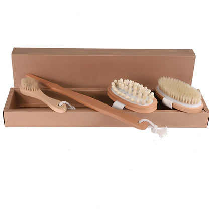 Lotus wood bathroom brush set with massage head, bath brush, and face brush in kraft paper box