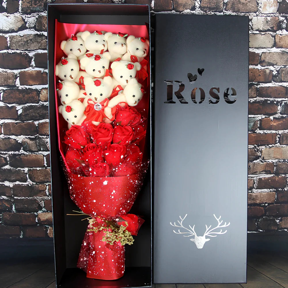 Handmade plush toy bouquet with 11 cartoon bears and chiffon roses in presentation box