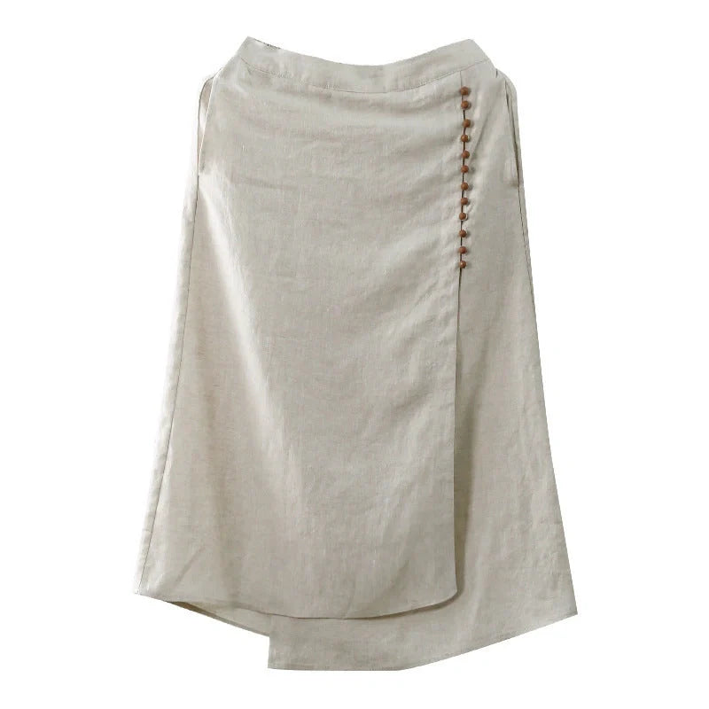 Artistic linen skirt with unique stitching in hemp color, perfect for retro and literary style outfits.