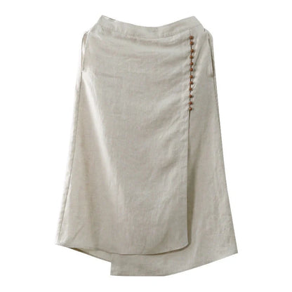 Artistic linen skirt with unique stitching in hemp color, perfect for retro and literary style outfits.