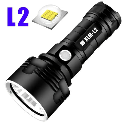 Aluminium alloy LED flashlight with 200-500m beam range and rechargeable battery system
