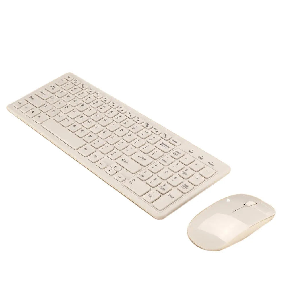 Black wireless keyboard and mouse set on a desk showing 96-key layout and compact mouse.