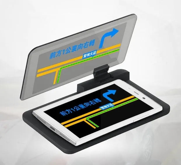 Universal smartphone holder with hardened organic glass panel projects navigation onto windscreen for hands-free driving, includes black non-slip mat and transparent reflection film for clear display from centre console placement.