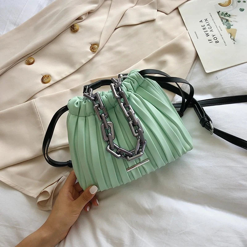 Korean-style women's PU bucket bag with acrylic chain in various colors