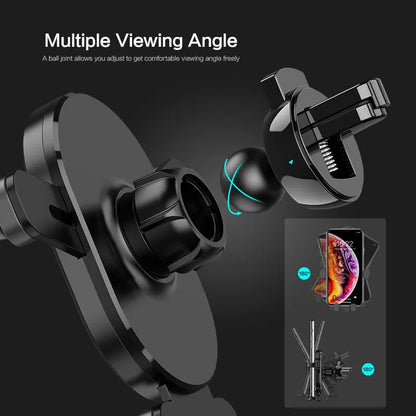 Black car vent phone holder with gravity lock mechanism, shown holding a smartphone at an angle.