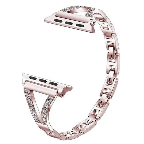 Stainless steel watch strap with diamond studs, a fashionable metal bracelet for Apple Watch 38mm, 40mm, 42mm and 44mm sizes, available in black, gold, pink, rose gold and white colour options for a customised look.