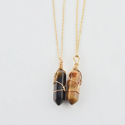 Geometric hexagonal quartz pendant necklace in various colors with copper wire and gold chain