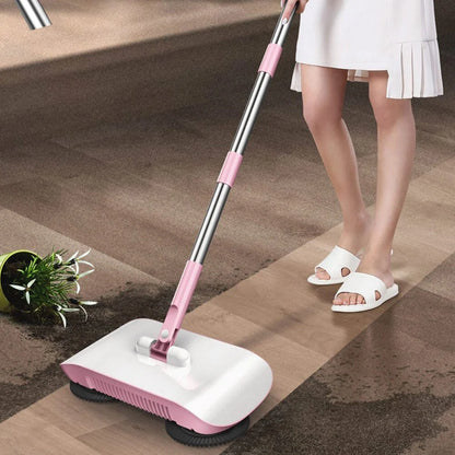 3-in-1 hand push sweeper with broom, dustpan, and trash bin in pink and blue colors